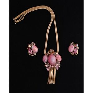 Alice Caviness Unsigned Pink Rhinestone Cabochon Necklace & Clip On Earring Set